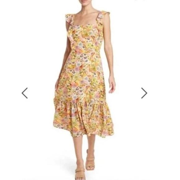 BCBG Generation Yellow Ruffle Floral Print Midi Dress Size Small - Picture 2 of 12